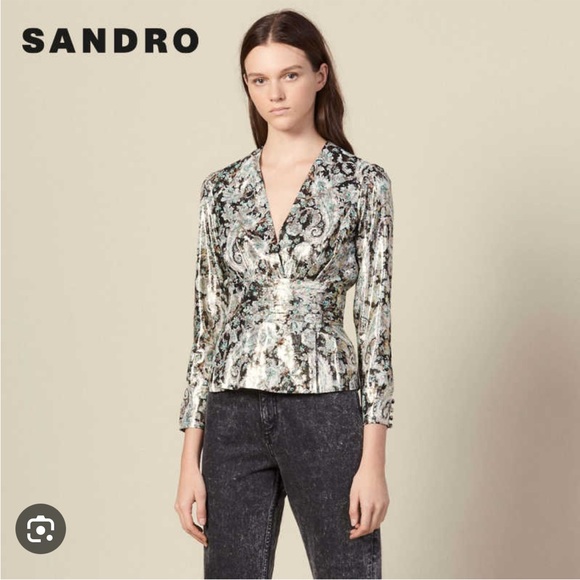 Sandro Marine Metallic Botanical Jacquard Blouse - Picture 1 of 13